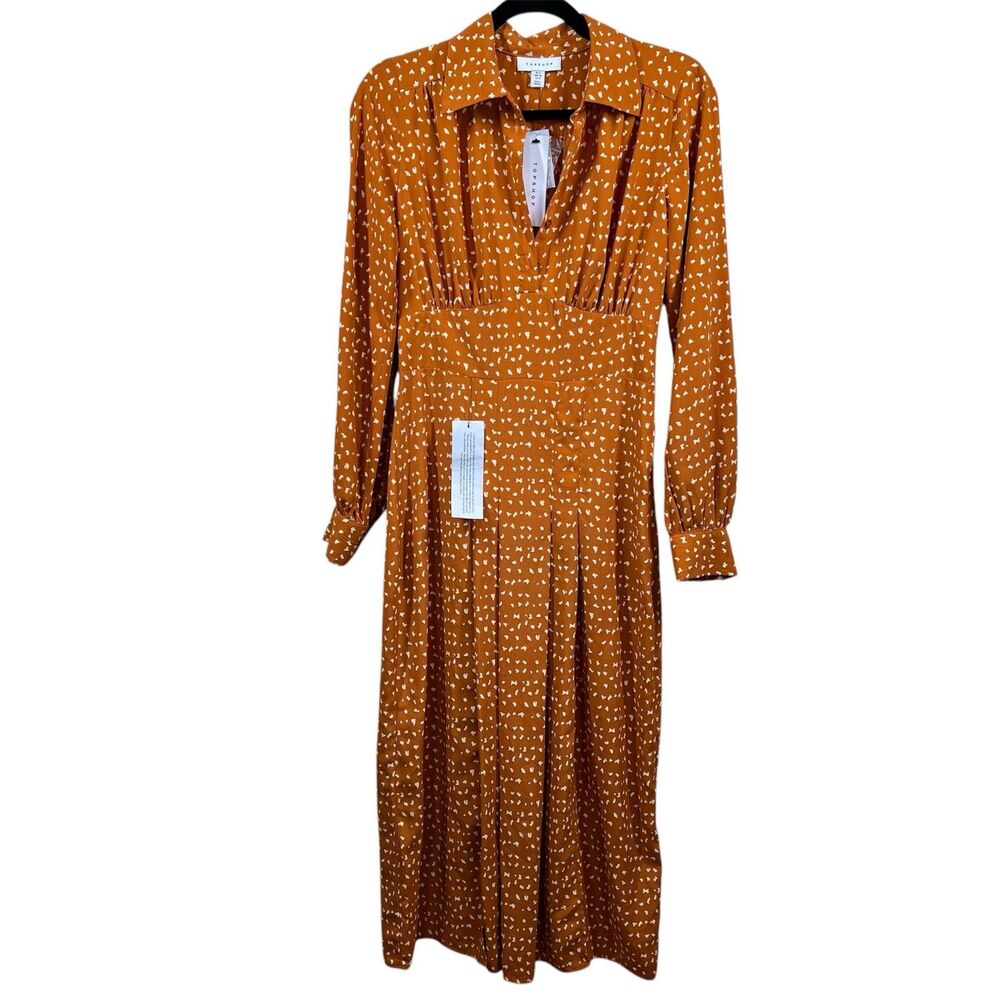 Topshop Sz 4 Long Sleeve Rust Orange Spot Chiffon Collared Midi Shirt Dress